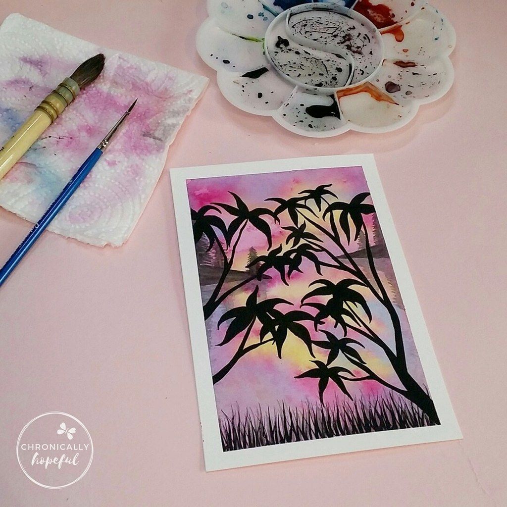 The 100 Day Project, Watercolour Sunset, Pink Trees