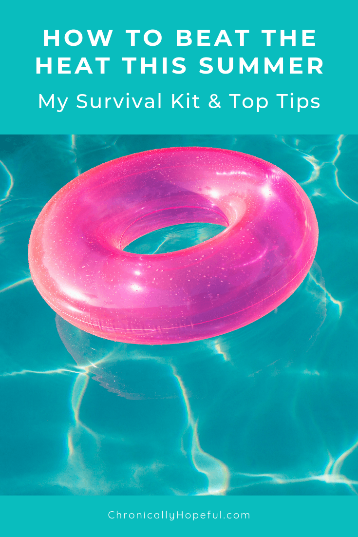 A pink donut tube floating in a swimming pool. Title reads, Beat the heat this summer. My survivl kit and top tips.