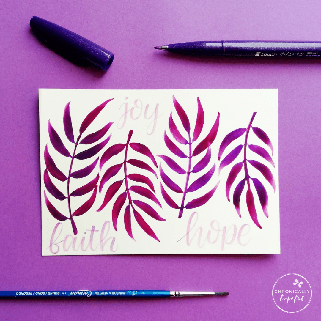 Four watercolour leaves in purple on white card, the words Faith, Joy, Hope lettered among them, by Chronically Hopeful Char