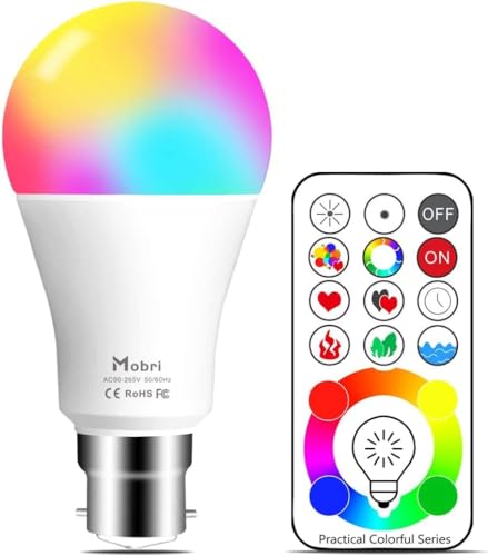 Mobri B22 LED Colour Changing Light Bulbs with Remote Control, 75 Watt Equivalent Bayonet Dimmable Colour Bulbs with Timing, Memory & Sync, 120 Multi RGB Colours + Daylight White,1 Pack