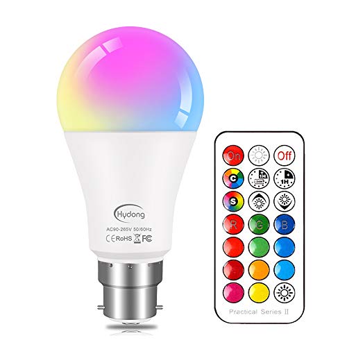 HYDONG Colour Changing Bulb B22 10W Dimmable, RGBW LED Light Bulbs Mood Lighting with 21key Remote Control,Dual Memory Function,12 Color Choices for Home Dec