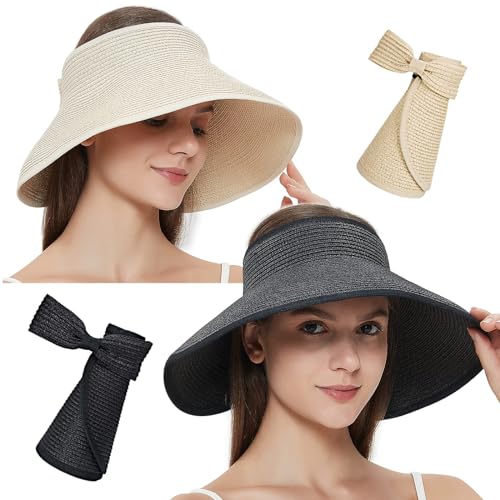 Maylisacc Rollable Ladies Wide Brim Straw Sun Visor Hat, Foldable Summer Topless Sunhats for Womens Adjustable UV Visor with Bowknot