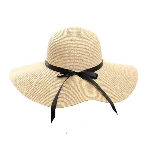 ZARCHE Women's Straw Hat Summer Beach Sun Hat Floppy & Foldable with Large Wide Brim & Bowknot Ribbon UPF50 (Beige)