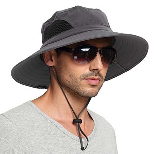 EINSKEY Unisex Sun Hat, Waterproof Wide Brim Bucket Hat Packable Boonie Hat for Fishing Hiking Gardening Safari Beach Dark Grey