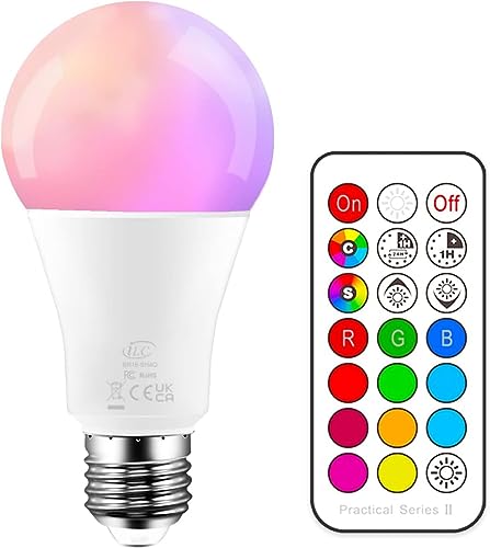 iLC Colour Changing Light Bulb, 70 Watt Equivalent, Dimmable Cool White 5700K 10W E27 Edison Screw RGBW LED Light Bulbs Colour Changing Lights, 12 Color Choices - IR Remote Control Included