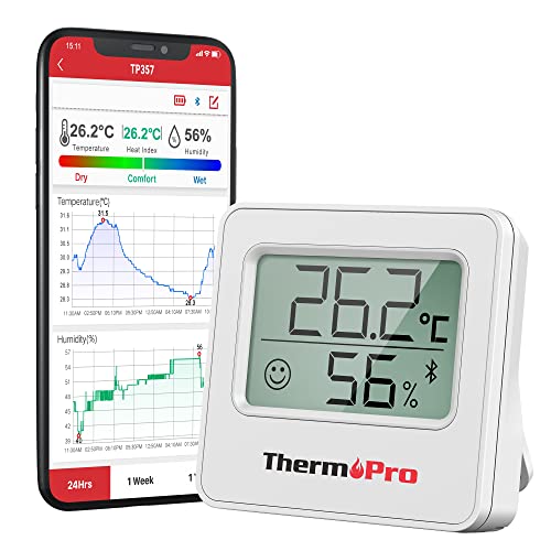 ThermoPro TP357 Bluetooth Hygrometer Mini Room Thermometer Indoor with Alerts, Humidity Meter and Temperature Monitor with Smart App and Data Recording with Humidity Sensor for Baby Room Office
