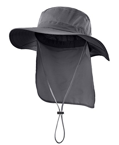 Decentron Outdoor UPF50+ Mesh Sun Hat Wide Brim Fishing Hat with Neck Flap (Dark Grey)