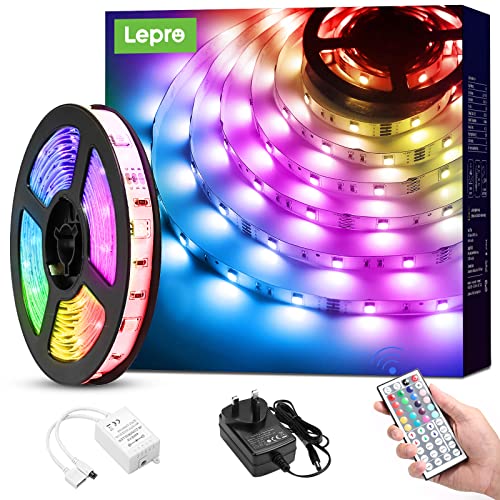 Lepro LED Strip Light 5M, Dimmable RGB LED Strips with Remote, Colour Changing Room Lights, Plug in LED Lights for Bedroom, Living Room, TV, Kitchen, Kids Room (5M, 150 Bright 5050 LEDs)