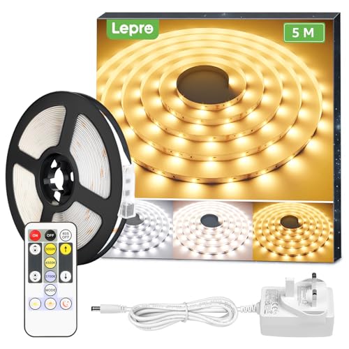 Lepro 5M LED Strip Lights, Warm White to Cool Daylight, Dimmable and Tunable with Remote, Stick-on LED Light for Bedroom, Desk, Mirror, Wall, Ceiling and More