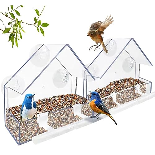 WLLKOO Window Bird Feeder 2 Pack, Bird House for Outside with 4 Rod, Small Acrylic Window Bird Feeder with Strong Suction Cups and Drain Holes 5.9 * 2.4 * 5.9 in