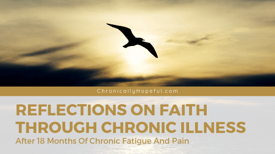 A bird soaring in the sunset sky. Title reads: Reflections on faith through chronic illness after 18 months of chronic fatigue and pain.