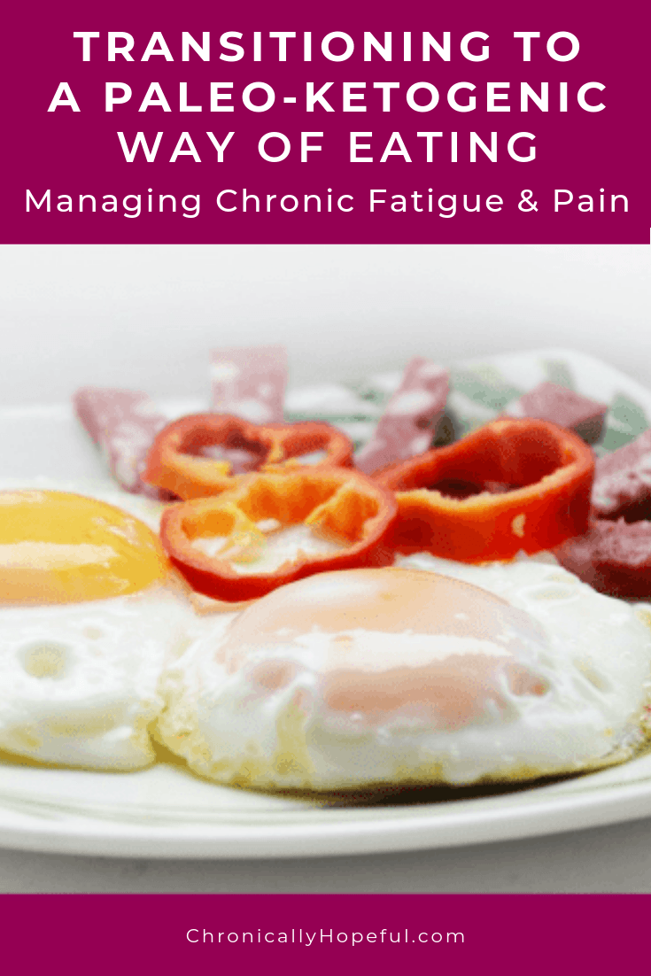 A plate of fried eggs, salami and red pepper. Title reads: Transitioning to a paleo-ketogenic diet. Managing chronic fatigue and pain with diet