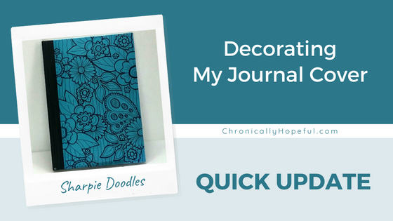 A journal with hand drawn floral designs on the cover. Title reads: Decorating my journal cover. Bullet Journal.