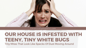 Woman with her hands in her hair, she looks frustrated. Title reads: Our house is infested with teeny, tiny white bugs. TIny mites that look like specks of dust moving around.