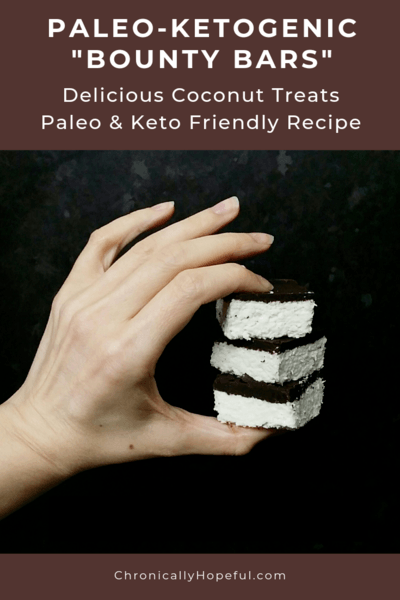Char's hand holding a stack of 3 coconut treats. Title reads: Paleo-ketogenic bounty bars. Delicious coconut treats. Paleo and Keto friendly recipe.