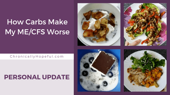 A collage of 4 meals, title reads: How carbs make my MEcfs symptoms worse. Personal update
