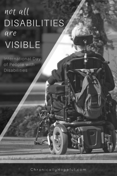 A person in a power-chair on the sidewalk. Title reads: Not all disabilities are visible