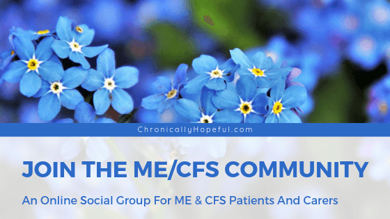 Title reads Join The MEcfs Community, Social group for ME & CFS patients and carers. Photo of blue forget-me-notspin by Chronically Hopeful
