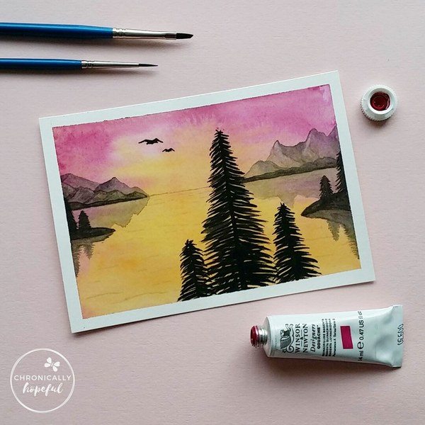 The 100 Day Project, Watercolour Sunset, Pink Mountains