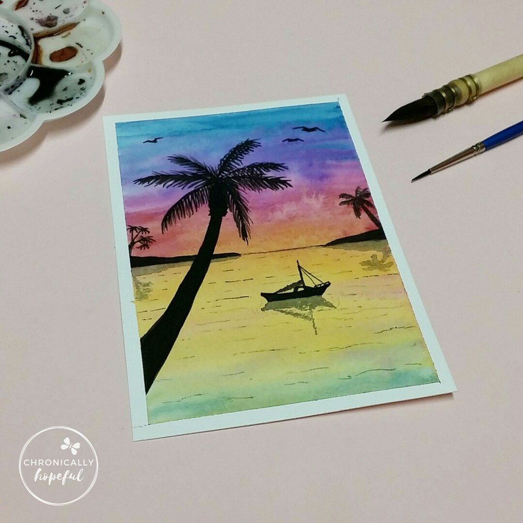 The 100 Day Project, Watercolour Sunset, Rainbow Seaside