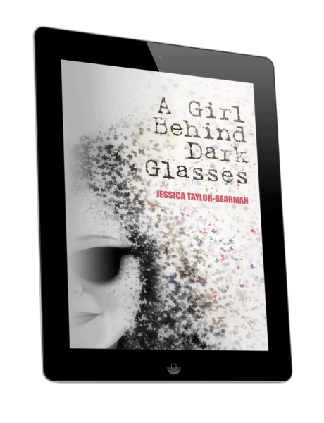 A kindle with a book cover of a girl wearing dark glasses, Title reads, A Girl Behind Dark Glasses