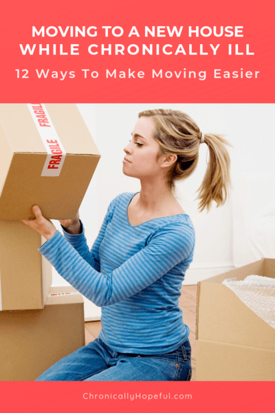A girl kneeling on the floor, packing boxes. Caption reads Moving to a new house, 12 tips to make moving easier.