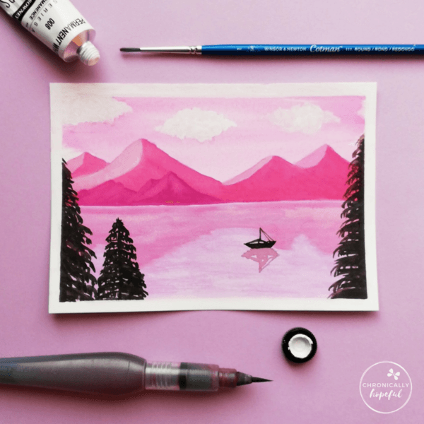 Daytime lake and mountains scene in watercolour, with clouds, a boat and 3 conifers in the foreground, by Chronicaly Hopeful Char