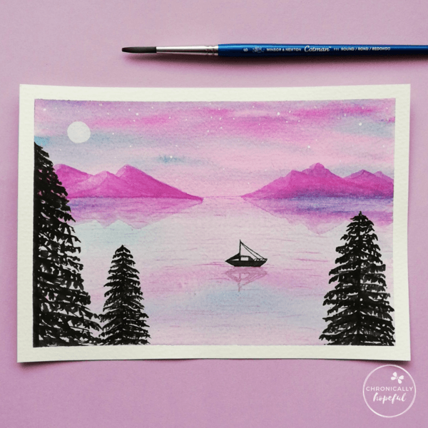 Night time lake and mountains scene with boat, moon and stars and 3 conifers in the foreground, by Chronicaly Hopeful Char