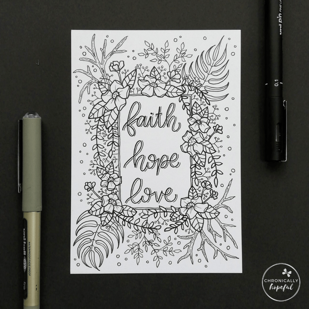 Botanical line drawing fraing the words Faith, Hope and Love, lettered with black fineliner on white card. By Chronically Hopeful Char