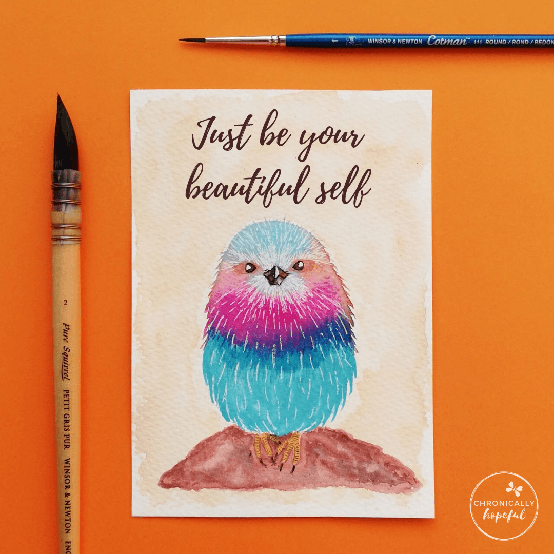 A colourful and fluffy little bird sitting on a rock. The words Just be your beautiful self lettered above it. Lilac-breasted Roller painted by Chronically Hopeful Char