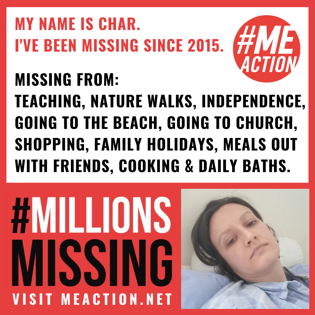Char has been missing from teaching, nature walks, independence, going to the beach, going to church, shopping, family holidays, meals out with friends, cooking and daily baths since 2015. MillionsMissing.org, Char lying on the bed, feeling ill.