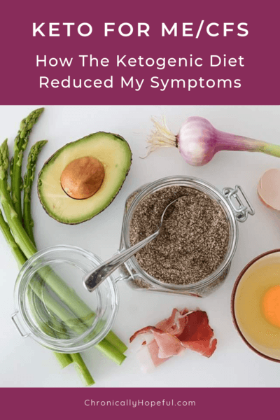 Title reads Keto for ME/cfs, How the ketogenic diet reduced my symptoms. Photo of asparagus, avocado, chia seeds, eggs and onion on a while table top.