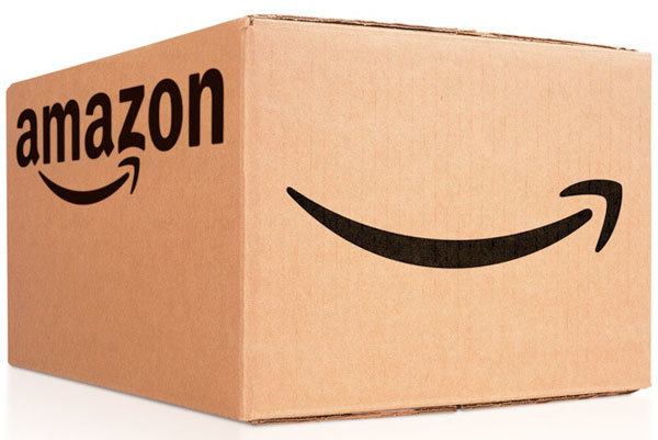 an Amazon shipping box with a black smile logo on the front and side.
