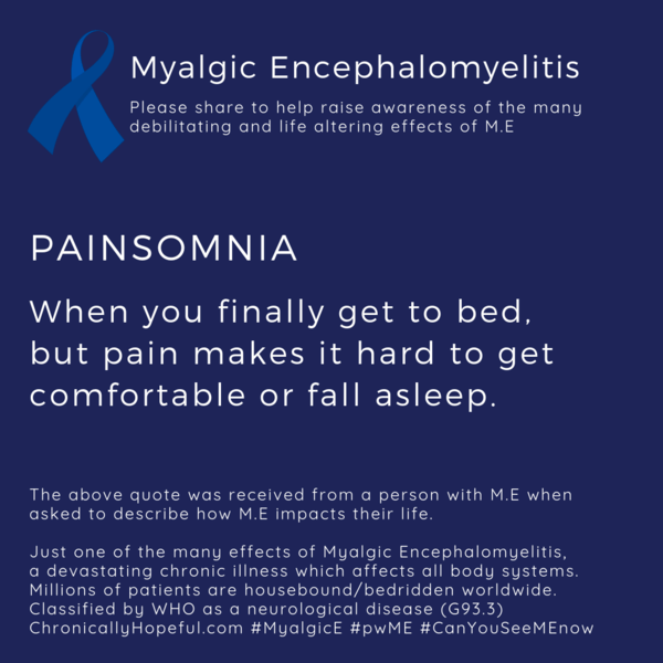 Blue awareness ribbon top left with title: Myalgic Encephalomyelitis. Painsomnia, when you finally get to bed but pain makes it hard to fall asleep or get comfortable.
