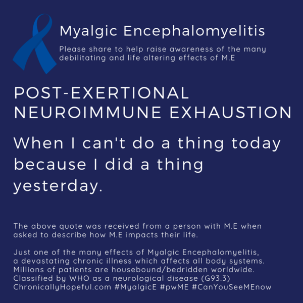 ME Awareness picture, Title reads, Post-exertional neuroimmune exhaustion, when I cant do a thing today because Idid a thing yesterday. Just one of the effects of Myalgic Encephalomyelitis.