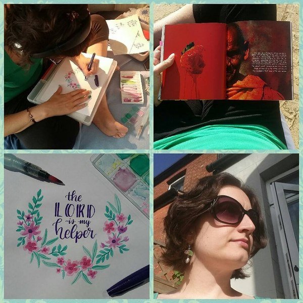 A collage of Char doing various activities. Drawing, reading, painting and standing in the sunshine.