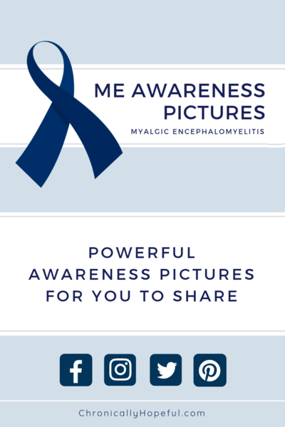 A blue awareness ribbon with caption, ME awareness pictures, powerful awareness pictures for you to share, below caption are social media logos