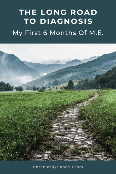 A country scene with a muddy path in the hills with mountains in the background. Title reads, The long road to diagnosis, my first 6 months of Myalgic Encephalomyelitis.