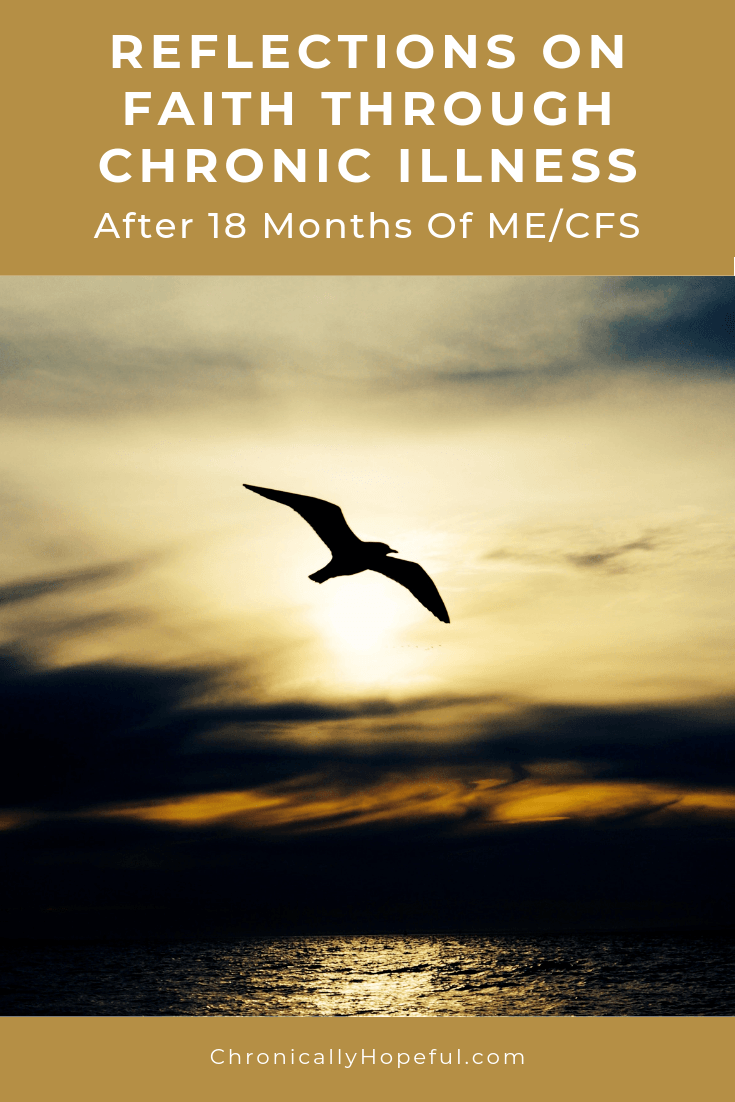 A bird soaring in the sunset sky. Title reads: Reflections on faith through chronic illness after 18 months of ME/cfs