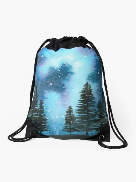 Drawstring bag with watercolour print of an aurora borealis over a pine forest. by Chronically Hopeful Art