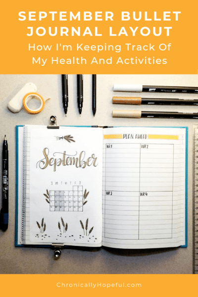 An open journal featuring the September layout. Title reads: September layout, how I'm tracking my health and activities.