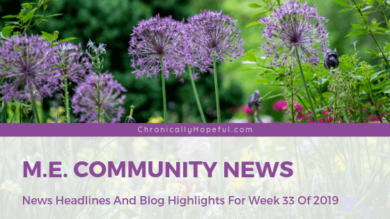 A picture of tall purple flowers in a garden. Title reads: ME community news. News headlines and blog highlights from week 33 of 2019