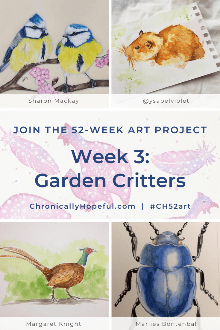 Various pieces of art featuring snowy winter scenes. Title reads: Week 3, Garden Critters, join the 52-week art project