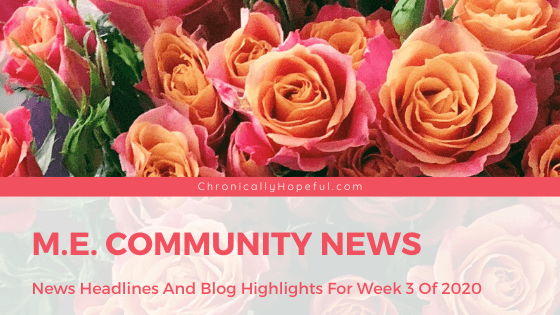 A bunch of coral roses, title reads ME Community News. News Headlines and Blog Hightlighs, Week 3