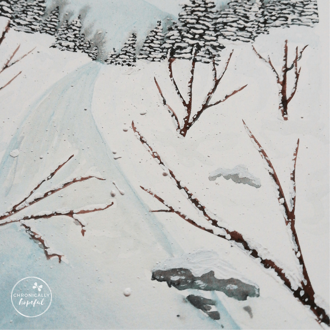 close up of snowy river bank painting