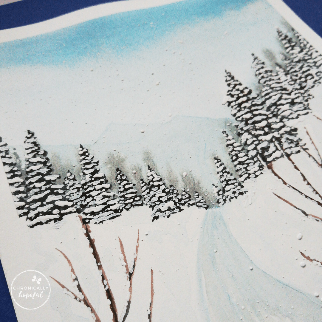 Close up of snowy river bank painting