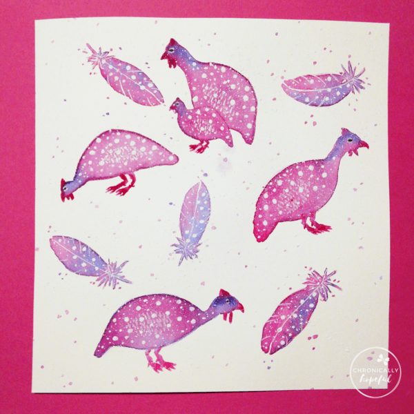 Watercolour guinea fowl and feathers.