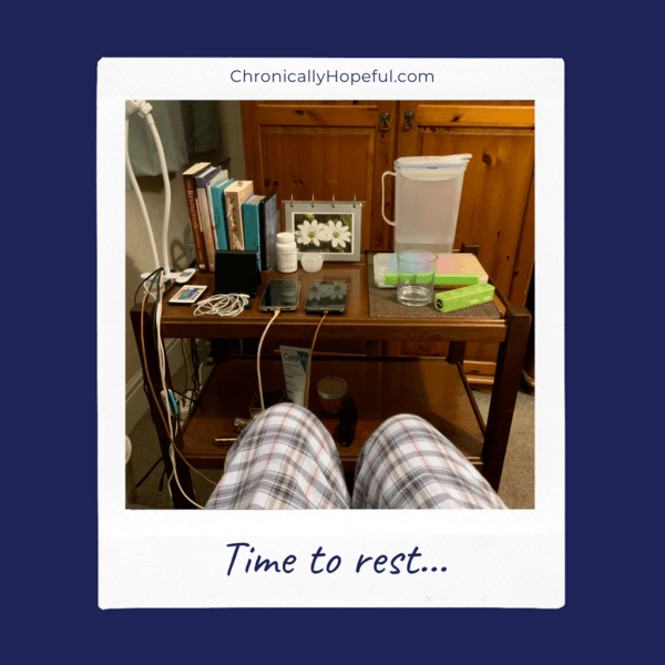 Char's bedside trolley, halfway tidied. Title reads: time to rest