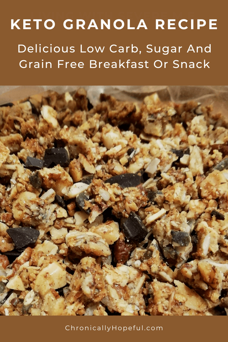 A close up of granola, title reads: Keto granola recipe, a low carb, sugar and grain free breakfast or snack