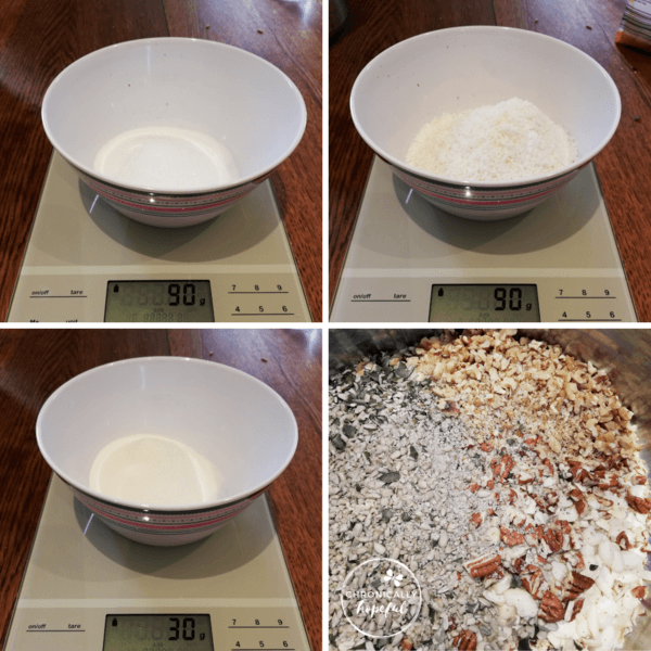 Protein, Coconut, Erythritol, being measured and mixed